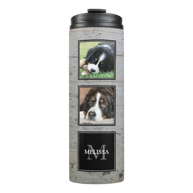 Photo collage family pets on wood personalized thermal tumbler (Front)