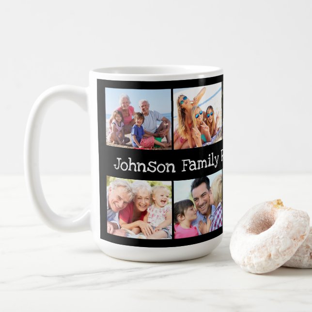Photo Collage Family Reunion Personalized Black Coffee Mug (With Donut)