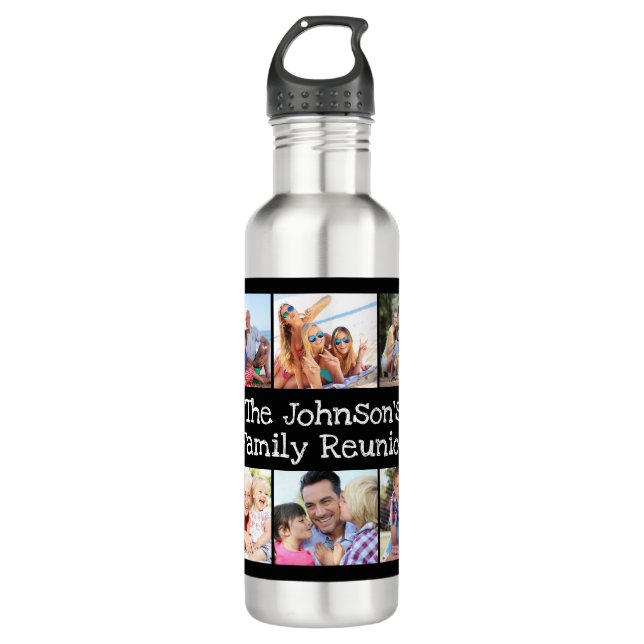 Photo Collage Family Reunion Personalized Black  Stainless Steel Water Bottle (Front)