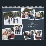 Photo collage family scrapbook navy blue calendar<br><div class="desc">With a variety of photo shapes, sizes and layouts, this photo calendar makes a perfect family gift. The cover features a collage of 7 photos scattered scrapbook style on a navy blue background. The photos surround type that can be customized with your family name. Makes a great grandparent or parent...</div>