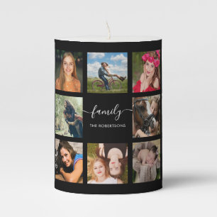 Photo Collage Family Script Black Pillar Candle