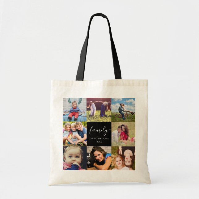 Photo Collage Family Script Black Tote Bag (Front)