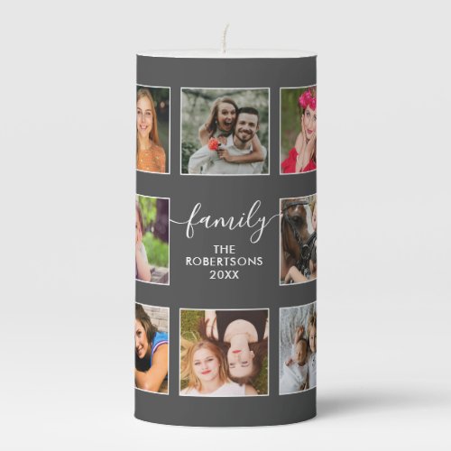 Photo Collage Family Script Gray Pillar Candle