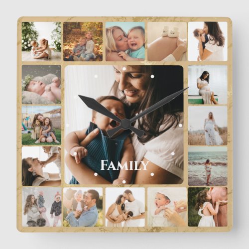 Photo Collage Family Simple Frame Square Wall Clock