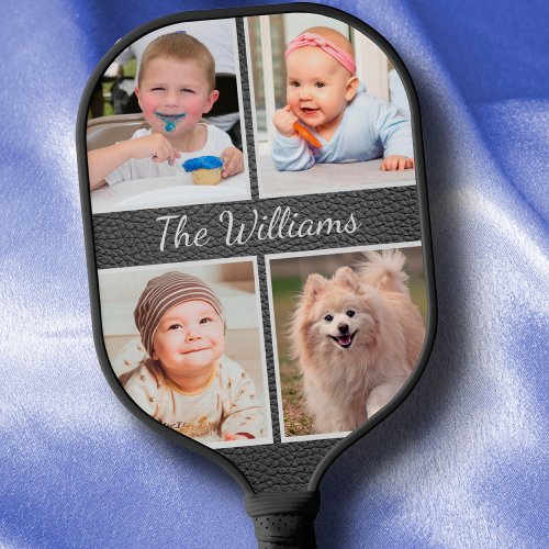 Photo Collage Faux Leather Grain Personalized Name Pickleball Paddle