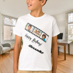 Photo collage film name birthday boy T-Shirt<br><div class="desc">Personalize and add a name and 3 photos inside the film roll frame. Black text.</div>