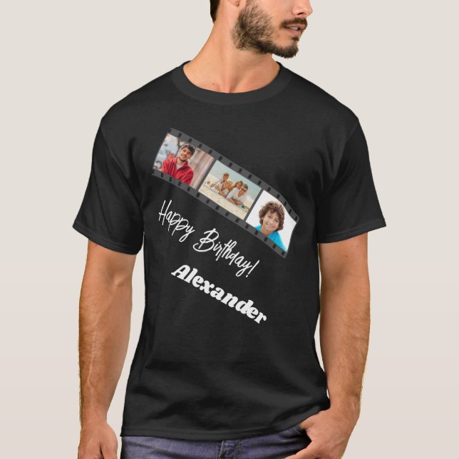 Photo collage film name birthday guy black T-Shirt (Front)