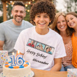 Photo collage film name birthday guy T-Shirt<br><div class="desc">For a white/light colored t-shirt. Personalize and add a name and 3 photos inside the film roll frame. Black text.</div>