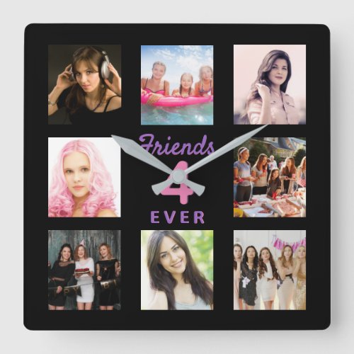 Photo collage friends forever photo black bff pink square wall clock