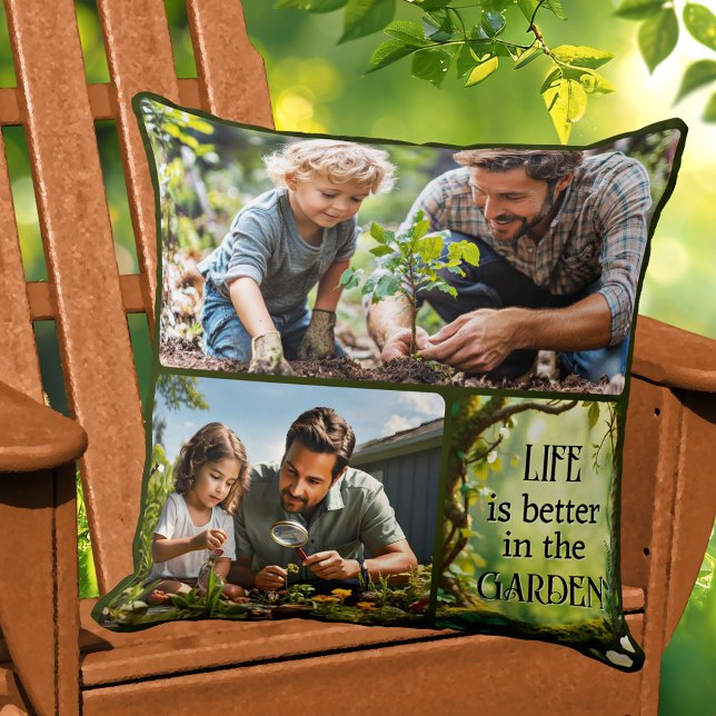 Photo Collage Fun Garden  Outdoor Pillow (Pillow featuring a family photo collage with a green garden theme)