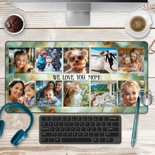  Photo Collage Geode Mineral Art  Desk Mat (Desk mat featuring 10 custom photos framed by a green/turquoise ocher geode mineral design - mom)