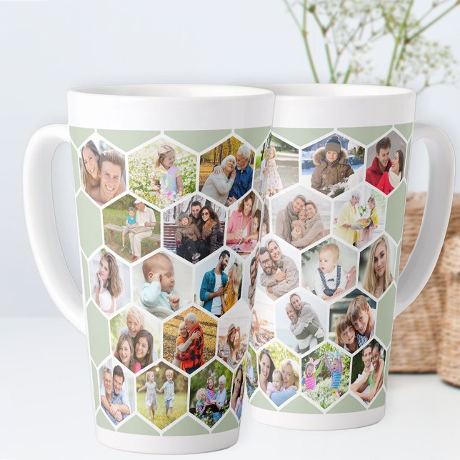 Photo Collage Geometric Hexagon 28 Pic Sage Green Latte Mug (Photo latte mug with 28 of your favorite pics and sage green hexagon honeycomb pattern)