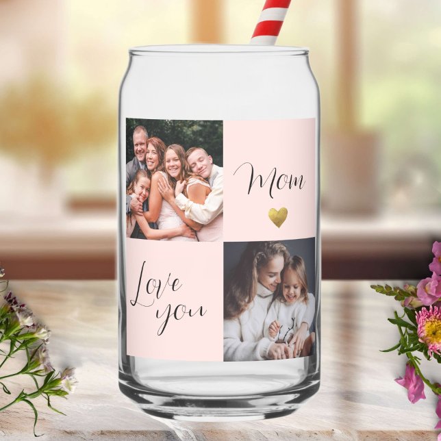 Photo collage gift "Love you Mom" pink Can Glass (Creator Uploaded)