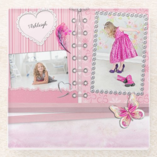 Photo Collage Girls Scrapbook Custom Glass Coaster