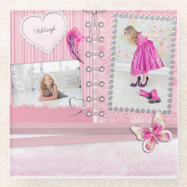 Photo Collage Girls Scrapbook Custom Glass Coaster (Front)