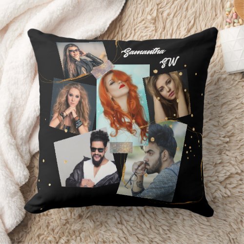Photo collage glitter gold 6 photo name initials throw pillow