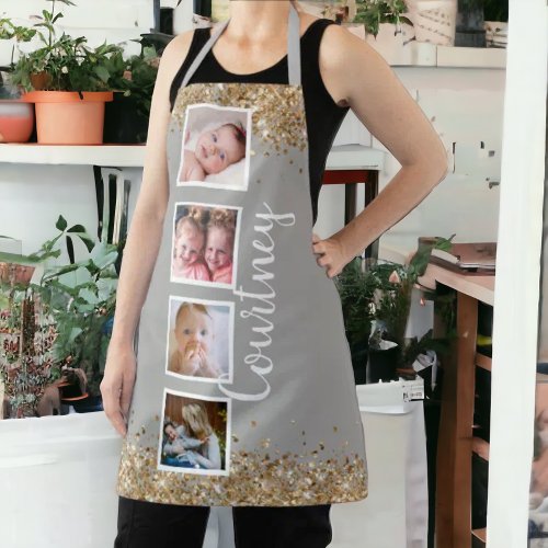 photo collage gold glitter grey custom name apron