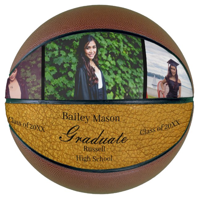 Photo Collage Gold Leather Graduation Basketball (Front)