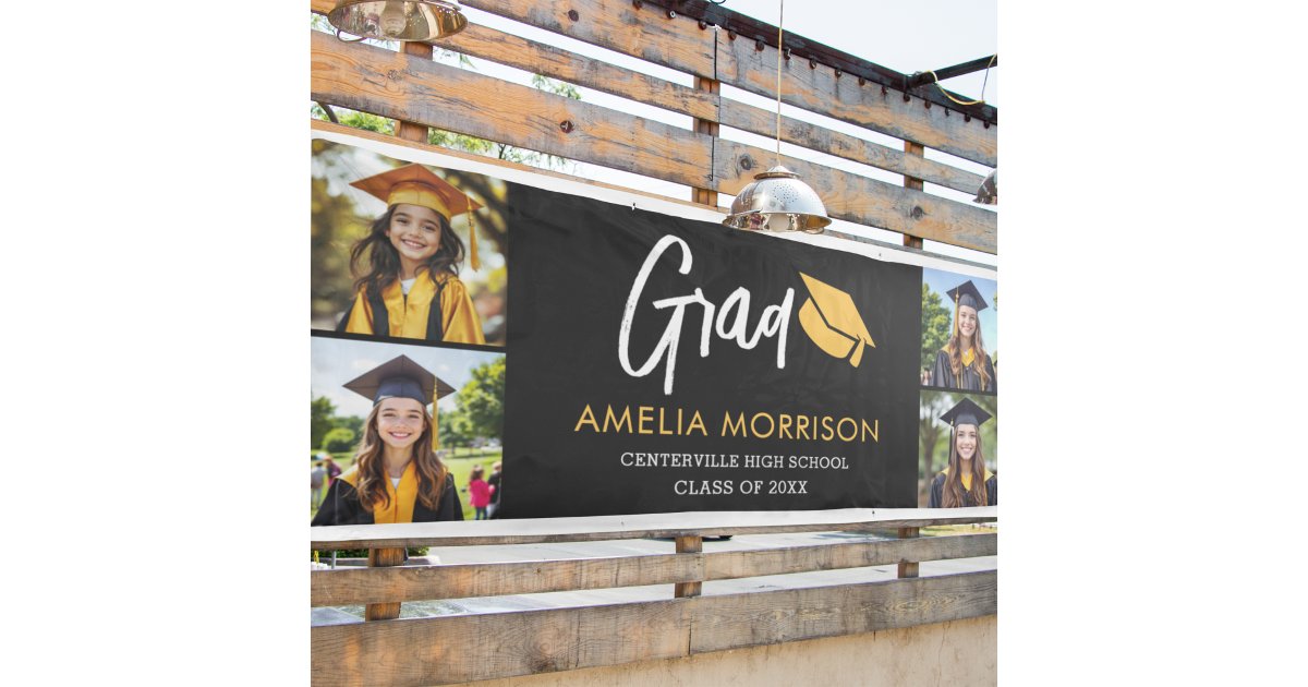 Photo Collage Graduate Gold Black Graduation Banner | Zazzle