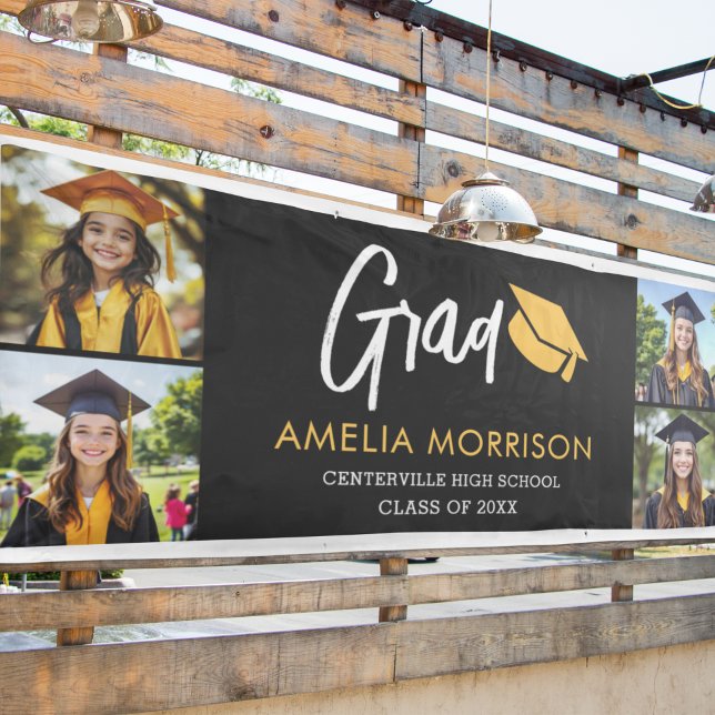 Photo Collage Graduate Gold Black Graduation Banner (Creator Uploaded)