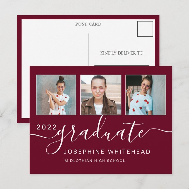 Photo Collage Graduation Minimal Burgundy Postcard (Front/Back)