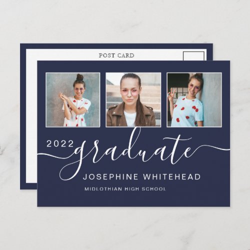 Photo Collage Graduation Minimal Navy Blue Postcard