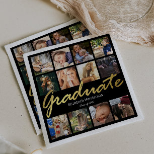Photo Collage Graduation Party Black Gold Napkins