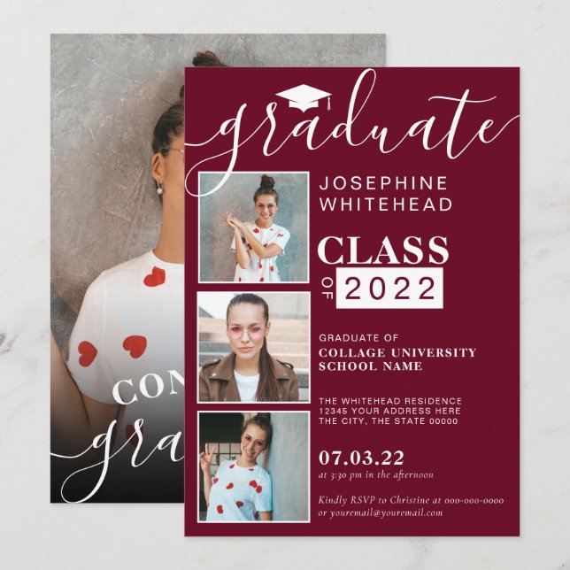 Photo Collage Graduation Party Burgundy 2022 Invitation (Front/Back)