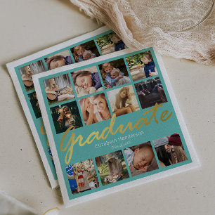 Photo Collage Graduation Party Teal Gold Napkins