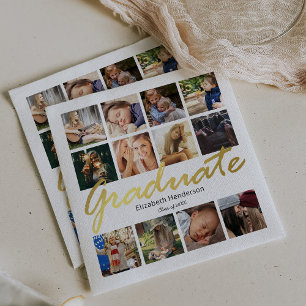 Photo Collage Graduation Party White Gold Napkins