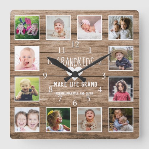 Photo Collage Grandkids Make Life Grand Quote Wood Square Wall Clock