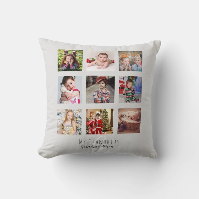 Photo Collage Grandmas Grandkids Monogram Gray Throw Pillow (Front)