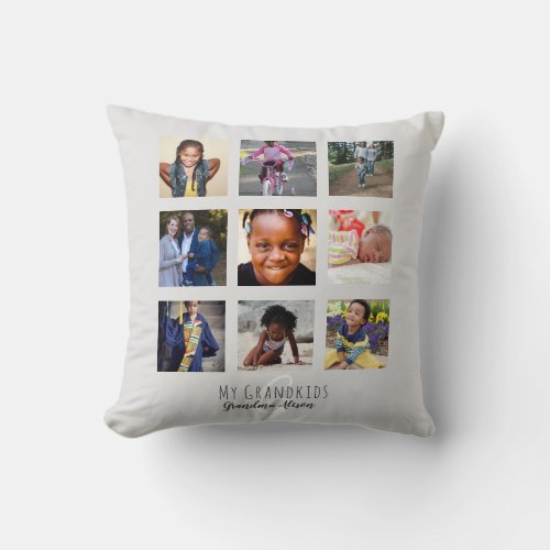 Photo Collage Grandmas Grandkids Monogram Grey Throw Pillow