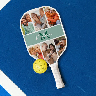 Photo Collage Green Monogram Pickleball Paddle