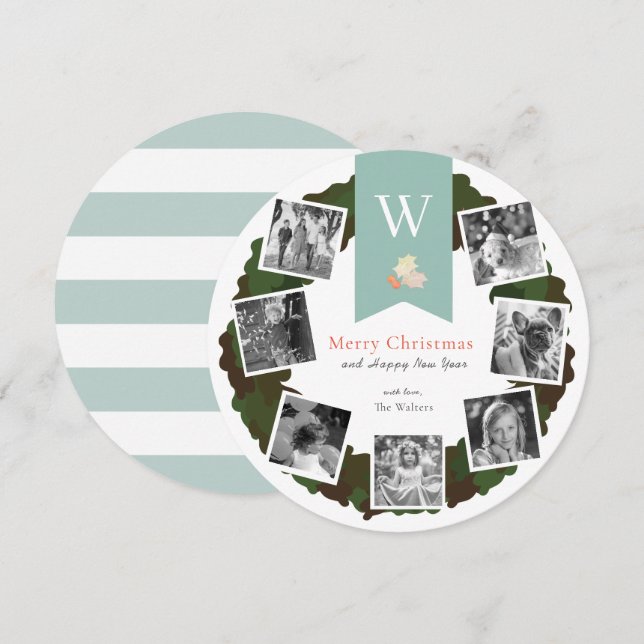 Photo Collage Greenery Wreath White Holiday Card (Front/Back)