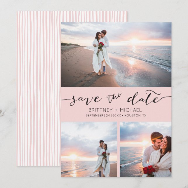 Photo Collage Handwritten Blush Pink Save the Date Announcement (Front/Back)