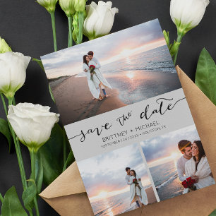 Photo Collage Handwritten Grey Save the Date Announcement