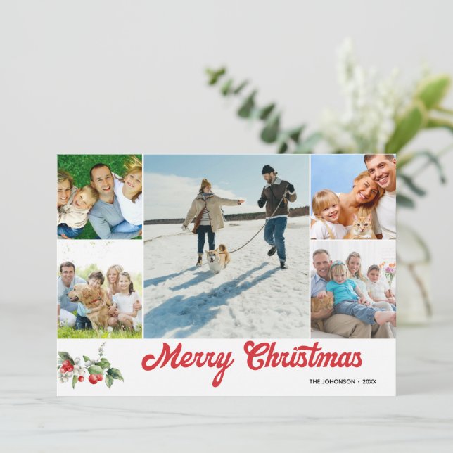 Photo Collage Handwritten Merry Christmas Invitation (Standing Front)
