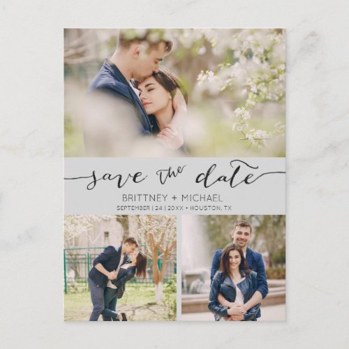 Photo Collage Handwritten Save the Date Grey Announcement Postcard