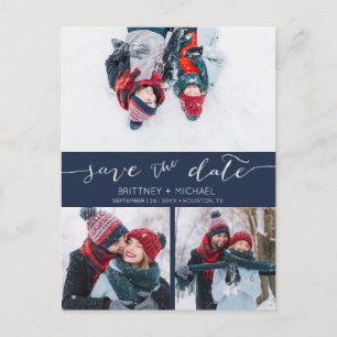 Photo Collage Handwritten Save the Date Navy Blue Announcement Postcard