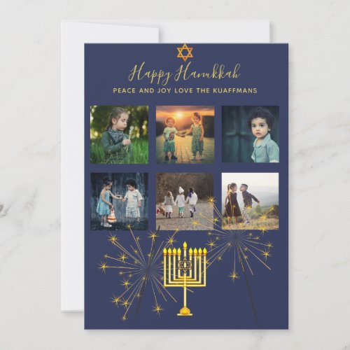 Photo Collage Hanukkah Modern Blue Mauve Gold Holiday Card