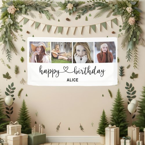 Photo Collage Happy Birthday Script Heart Banner