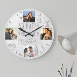 Photo Collage Happy Together Quote Modern Marble Large Clock<br><div class="desc">Create your own unique round wall clock which you can personalize with 4 of your favorite photos. This chic and modern design has a watercolor marble in shades of white and grey with dark grey typography. The photos are displayed in square format around the wording "so happy when we're together"....</div>
