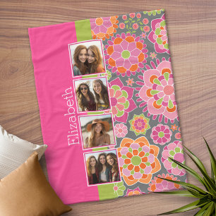 Photo Collage Hot Pink Orange Funky Flowers Fleece Blanket