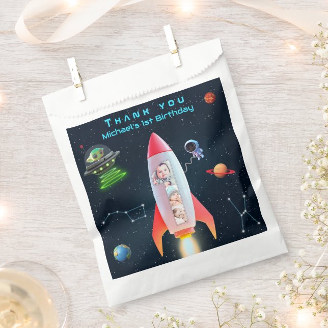 Photo Collage Huge One | 1st Birthday Rocket Space Favor Bag (Clipped)