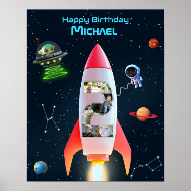 Photo Collage Huge Two | 2nd Birthday Space Rocket Poster (Front)
