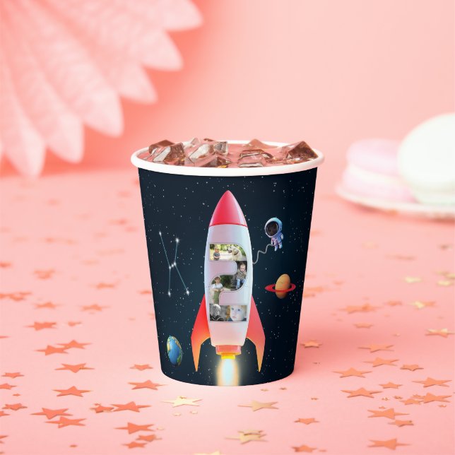 Photo Collage Huge Two | Space Rocket 2nd Birthday Paper Cups (Insitu)