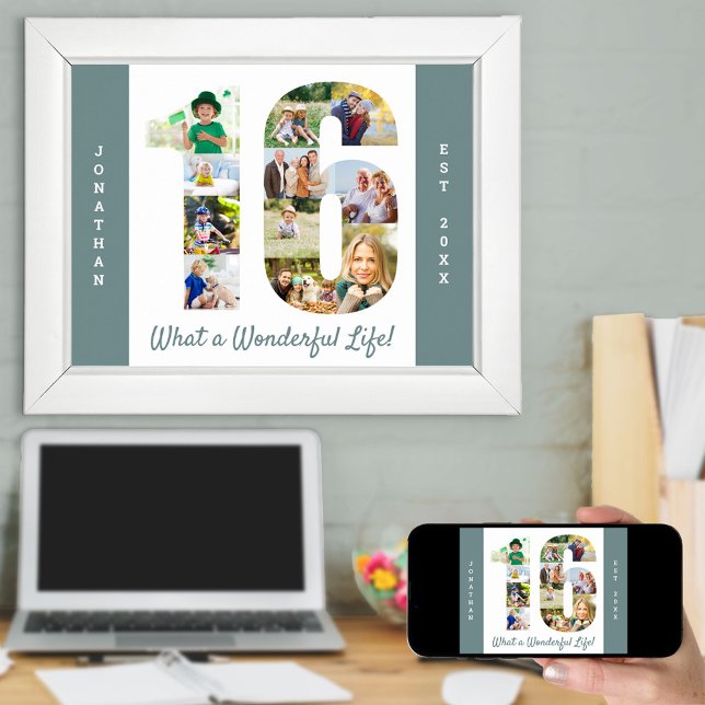 Photo Collage in Number 16 Shape for 16th Birthday Poster (Creator Uploaded)