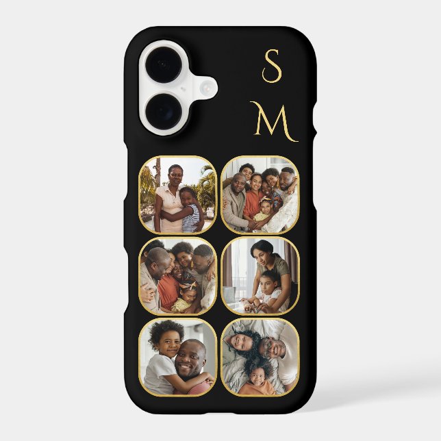 Photo Collage Initials Gold Black Elegant iPhone Case (Back)