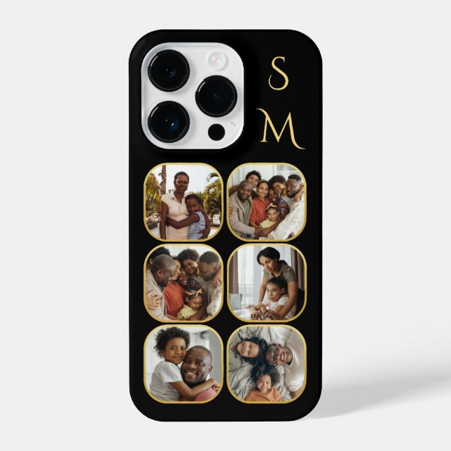 Photo Collage Initials Gold Black Elegant iPhone Case (Back)